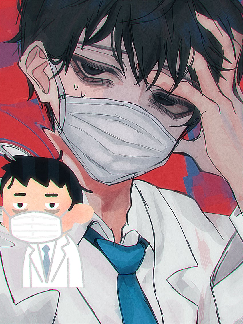An exhausted Japanese salaryman running his hand through his messy black hair. He wears a mask and a white suit.