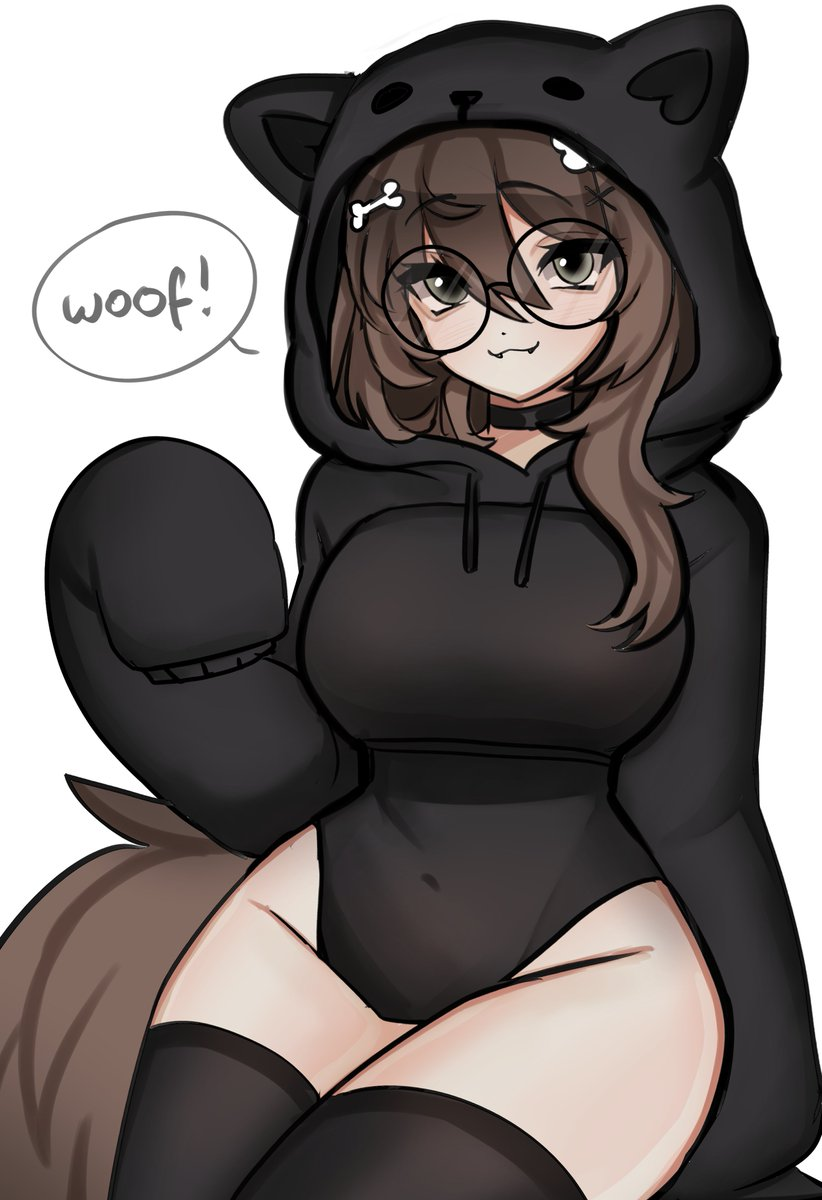 A brown-haired dog-girl with large, circular glasses, a thick tail, and bone pins. She is wearing a black bodysuit with oversized sleeves and a cat-eared hoodie. She cheekily says ‘woof!’.
