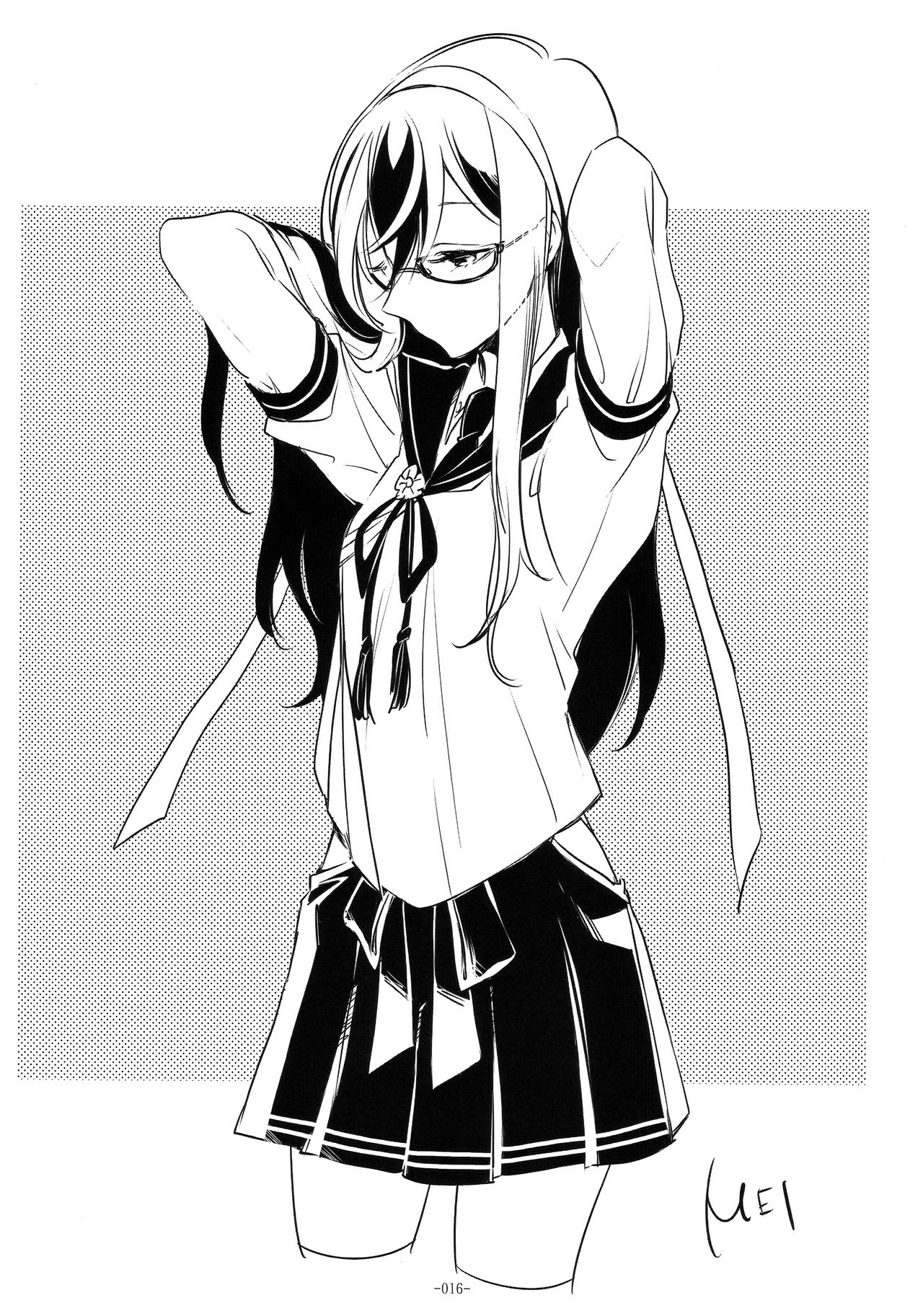 A young woman with long black hair and square glasses, dressed demurely in a sailor uniform while quietly tying back her hair.