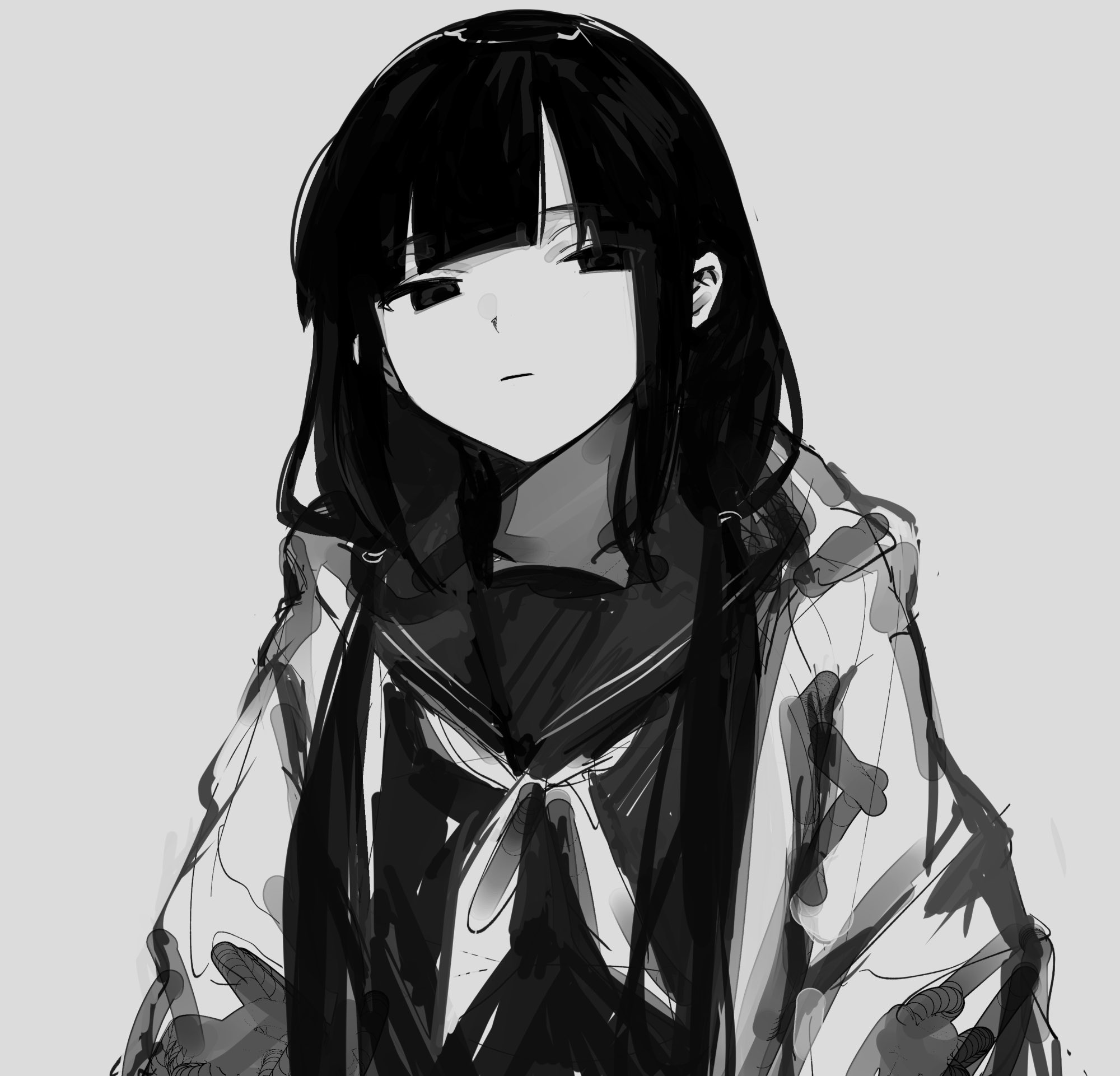 An apathetic girl with black bangs and empty eyes, dressed in a black sailor uniform with a grey coat.