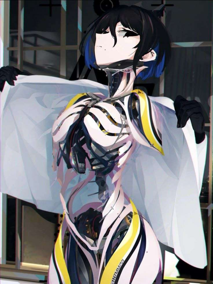 An unsmiling humanoid robot with short black-and-purple hair, opening her lab coat to reveal her transparent skin, metal ribs, and the lack of any organs.