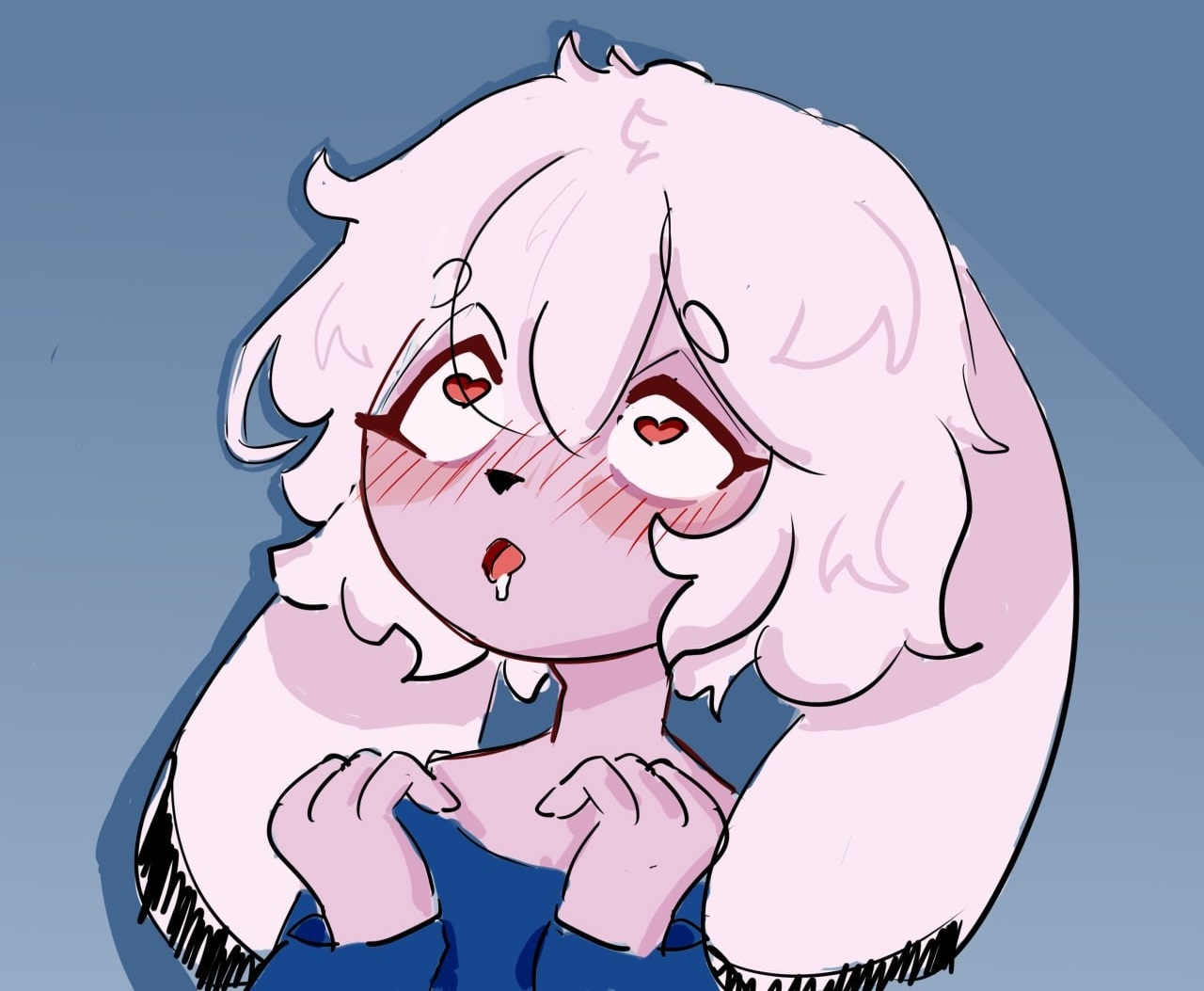 A blushing, pink-skinned femboy with messy white hair as thick as wool.