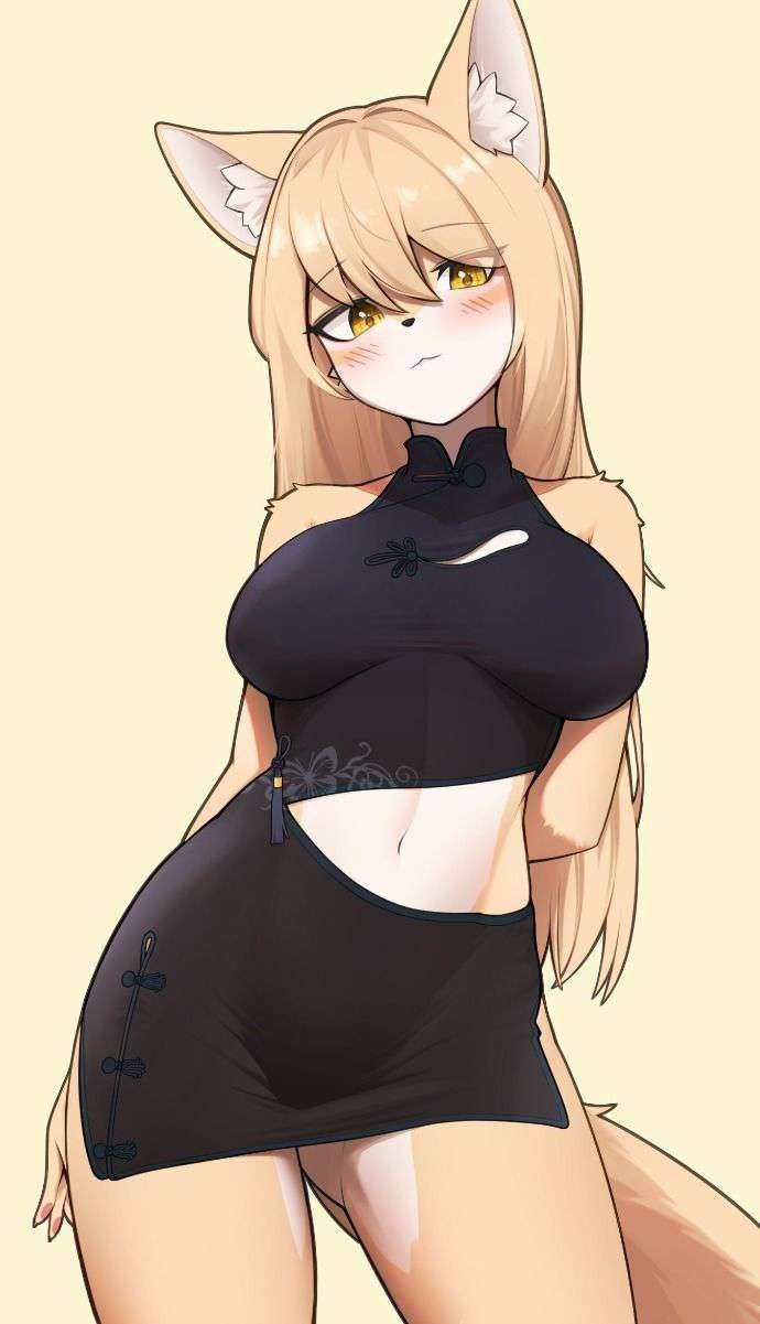 A tall fox furry with white and yellow fur. She is wearing a modified black cheongsam that shows her stomach and ends very high on her thighs.